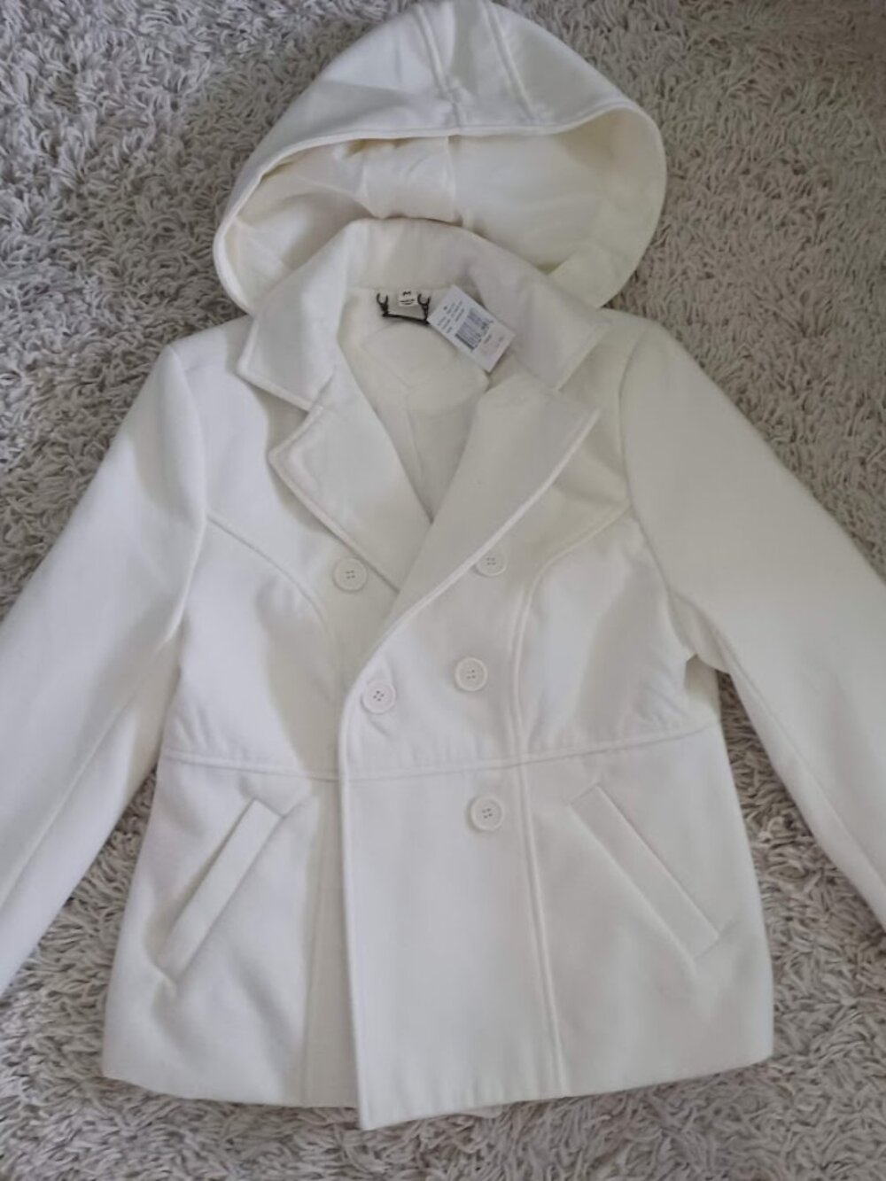 Jou Jou Women's Ivory Hooded Double-Breasted Wool Blend Peacoat – Medium NWT